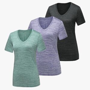 Women's V-Neck Short Sleeve Tops - Black, Purple, Green